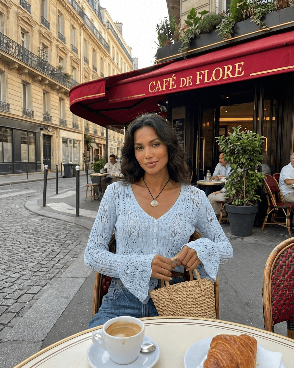 Women's pale blue cropped openwork cardigan with V-neck, buttons and flared cuffs