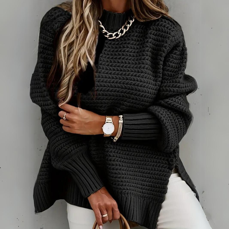Women's textured knit jumper shown in black, grey and beige