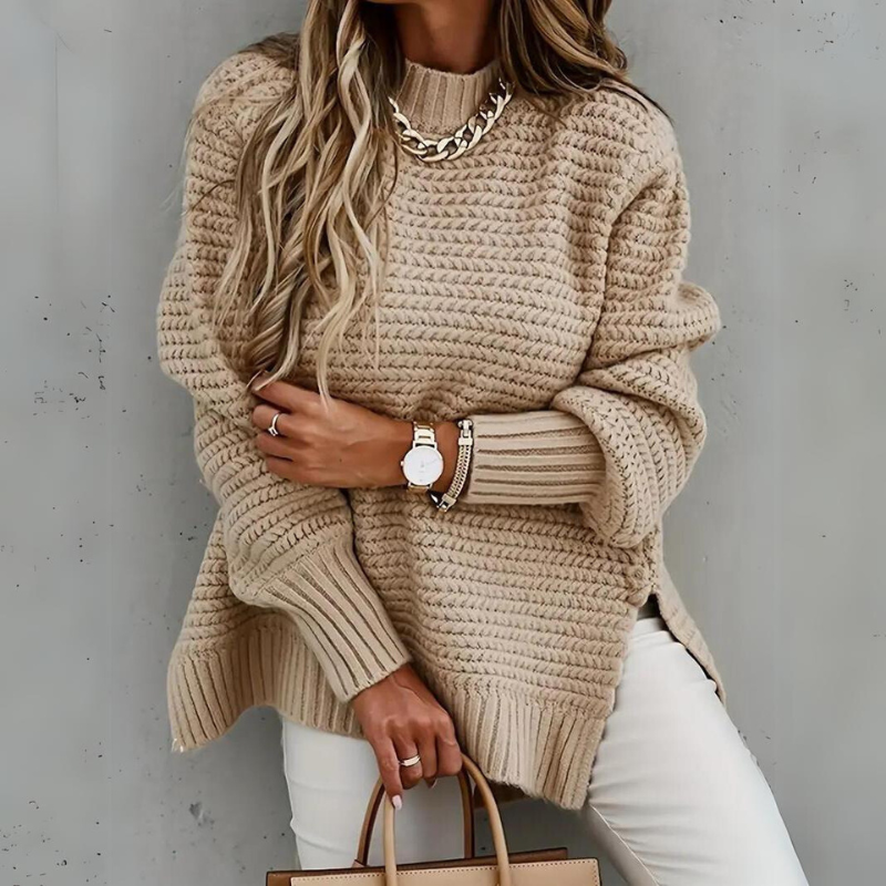 Women's textured knit jumper shown in black, grey and beige