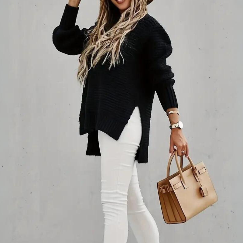 Women's textured knit jumper shown in black, grey and beige