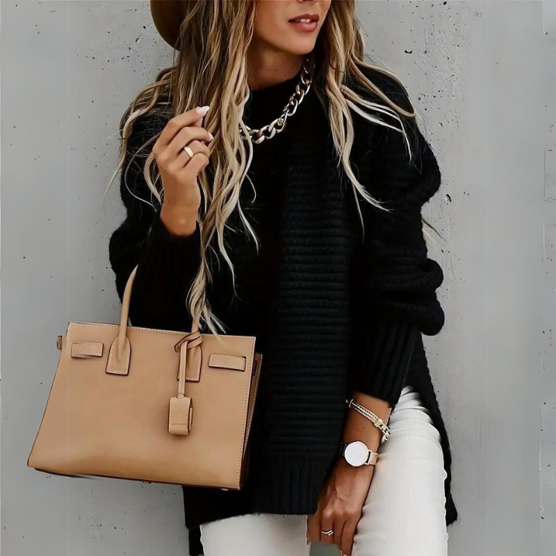 Women's textured knit jumper shown in black, grey and beige