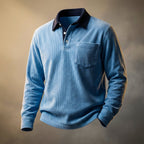 Men's long sleeve textured polo shirt with chest pocket