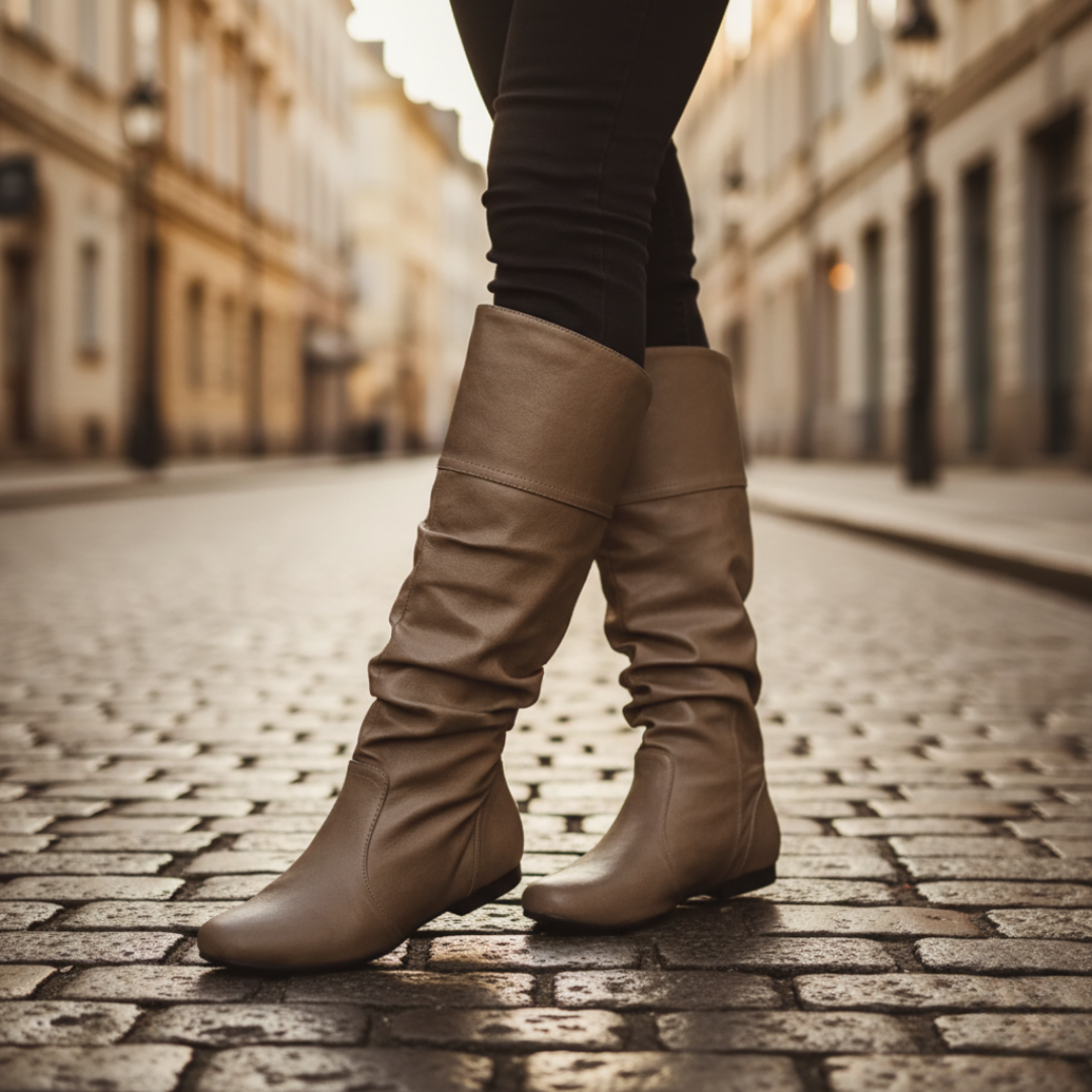 Women's slouch knee-high boots with almond toes and flat soles