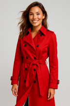 Women's long belted double-breasted trench coat with notched lapels and buckle cuffs
