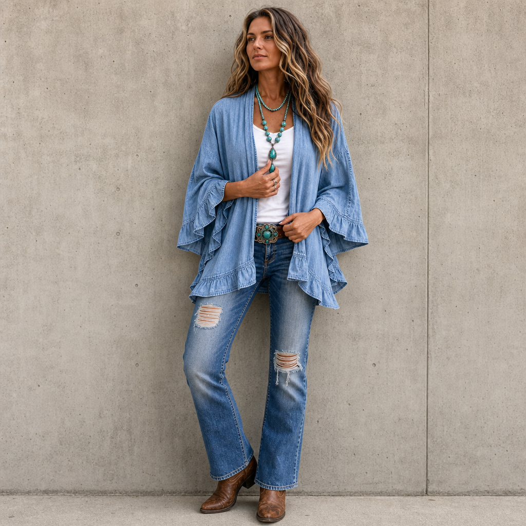Women's blue open-front cardigan with flared sleeves and ruffle trims