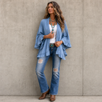 Women's blue open-front cardigan with flared sleeves and ruffle trims