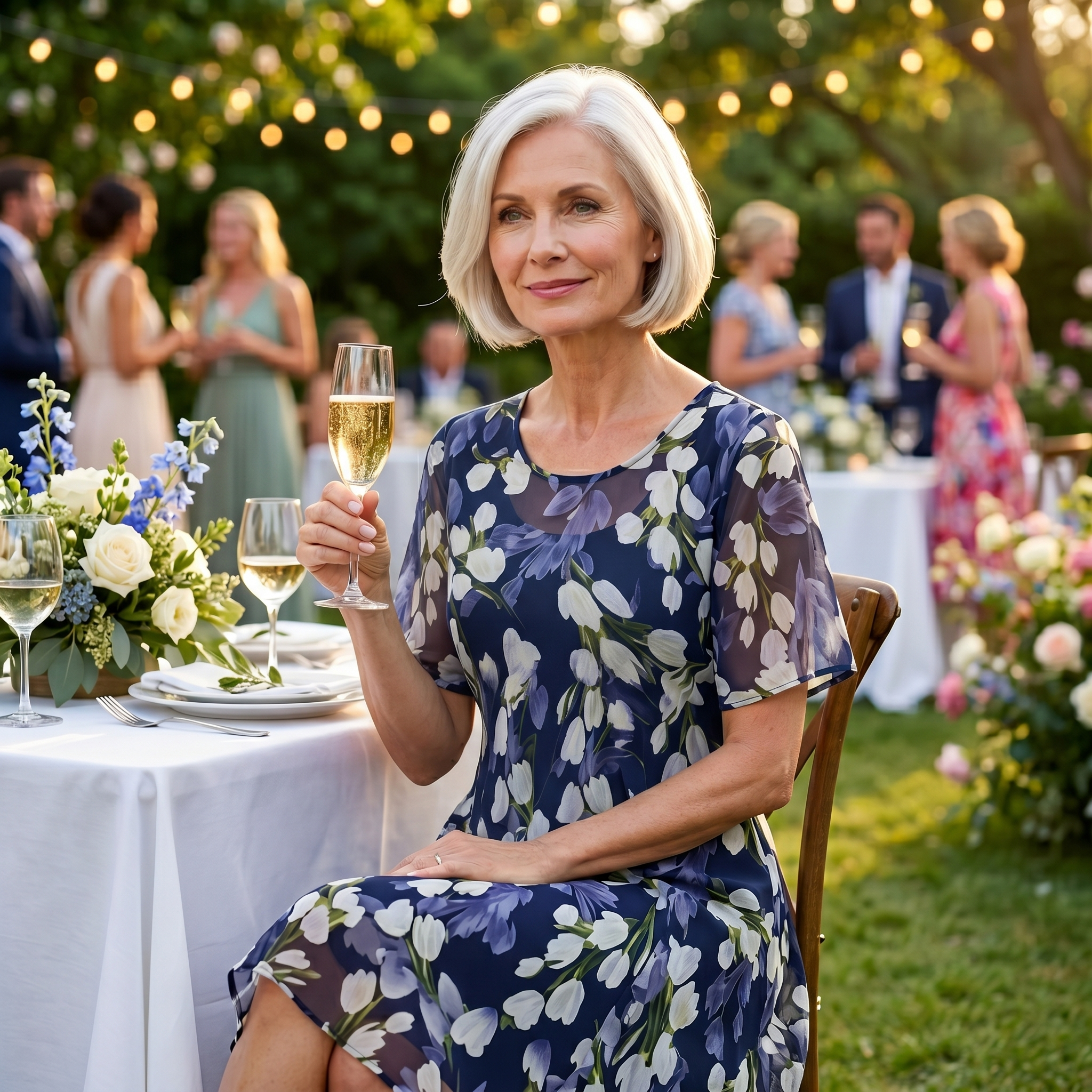 Women's navy floral A-line midi dress with round neckline and short sleeves