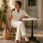 Women's waffle knit two-piece set with stand collar and wide-leg trousers