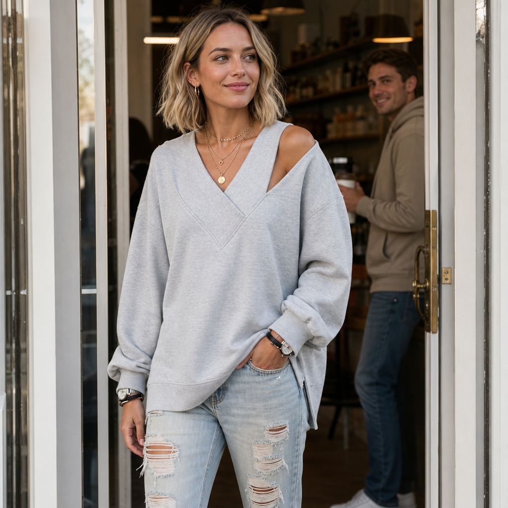 Women's oversized sweatshirt with asymmetric cutout shoulder, overlapping V-neckline and long sleeves