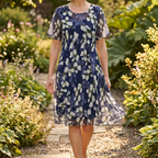 Women's navy floral A-line midi dress with round neckline and short sleeves