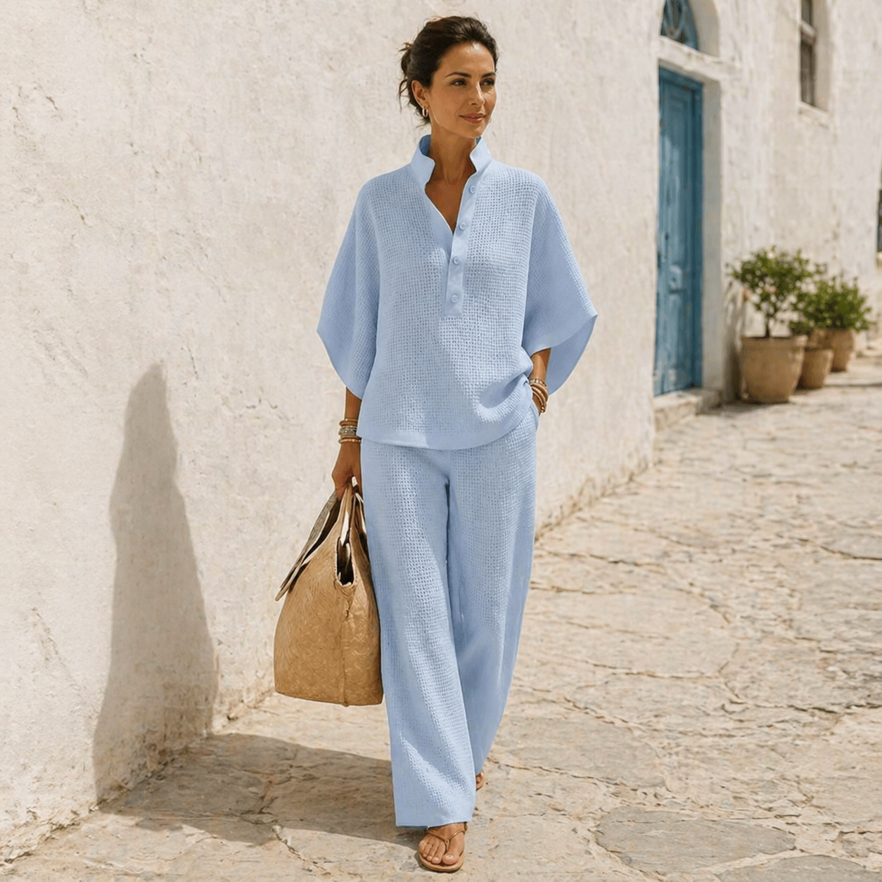 Women's waffle knit two-piece set with stand collar and wide-leg trousers