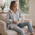 Women's oversized sweatshirt with asymmetric cutout shoulder, overlapping V-neckline and long sleeves