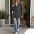 Women's waffle knit Henley hoodie with hood and long sleeves