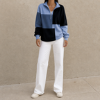 Women's blue and black colourblock half-zip sweatshirt with stand collar and long sleeves
