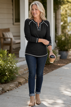 Women's long-sleeve waffle knit Henley top with contrast stitching and button placket