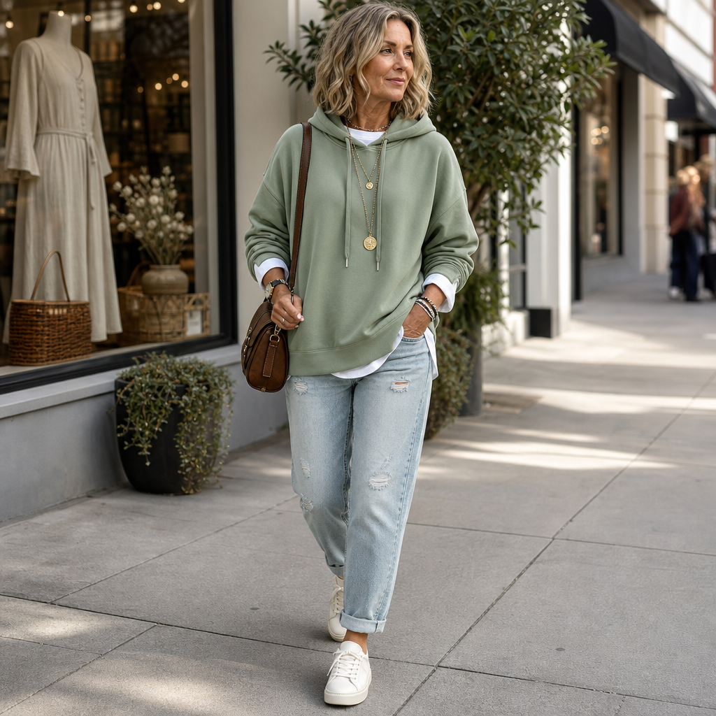 Women's layered two-tone hem hoodie with drawstring hood and long sleeves