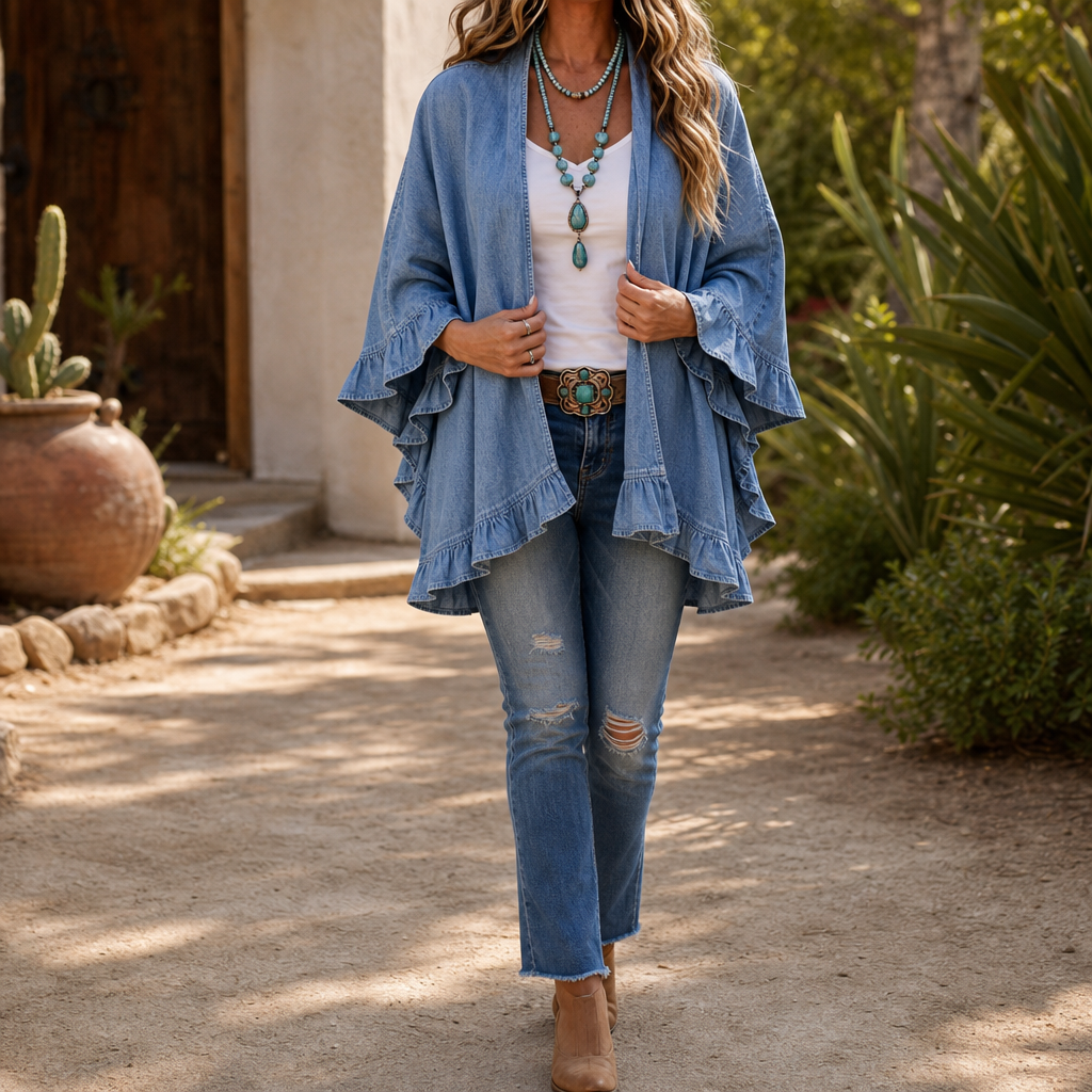Women's blue open-front cardigan with flared sleeves and ruffle trims