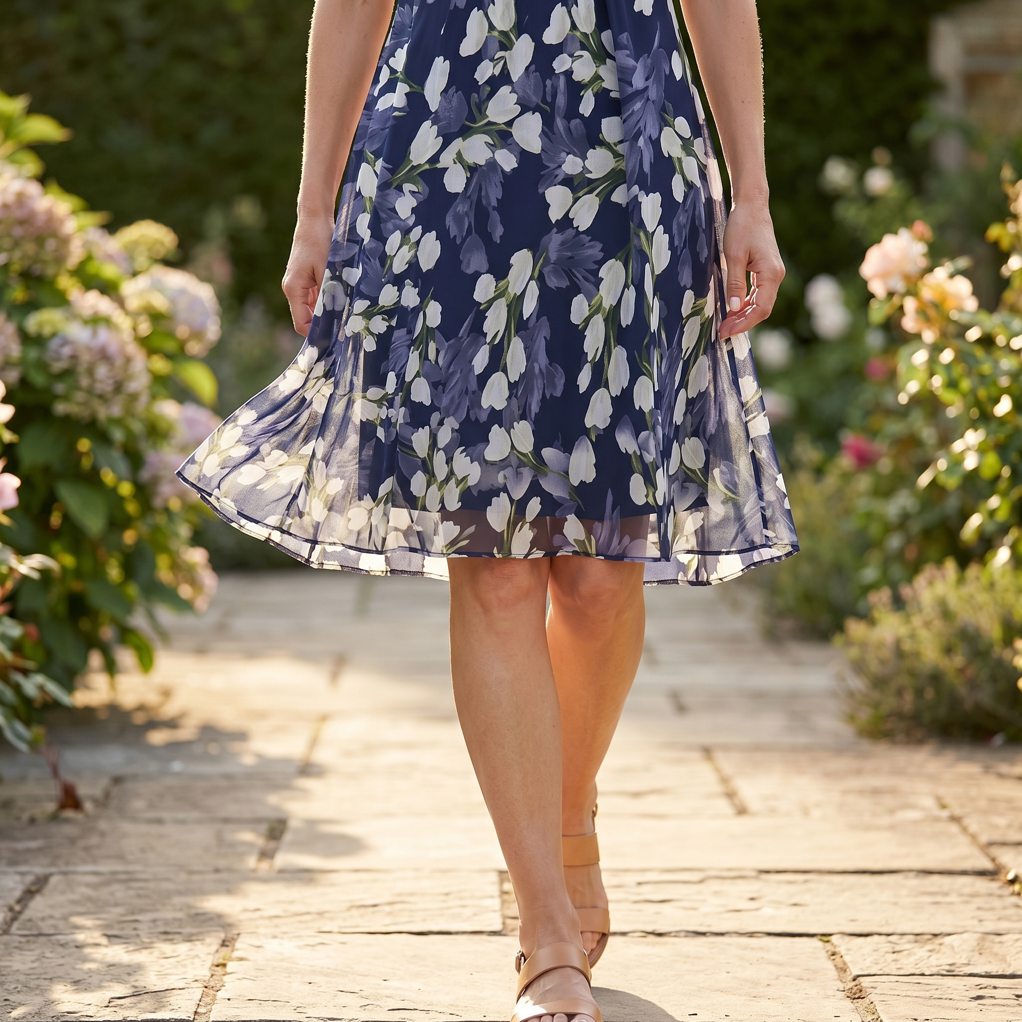Women's navy floral A-line midi dress with round neckline and short sleeves