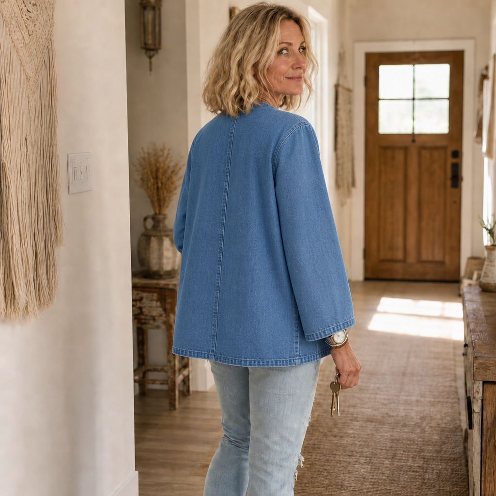 Women's collarless button-down cardigan with long sleeves and hip-length cut