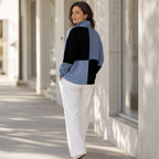 Women's blue and black colourblock half-zip sweatshirt with stand collar and long sleeves