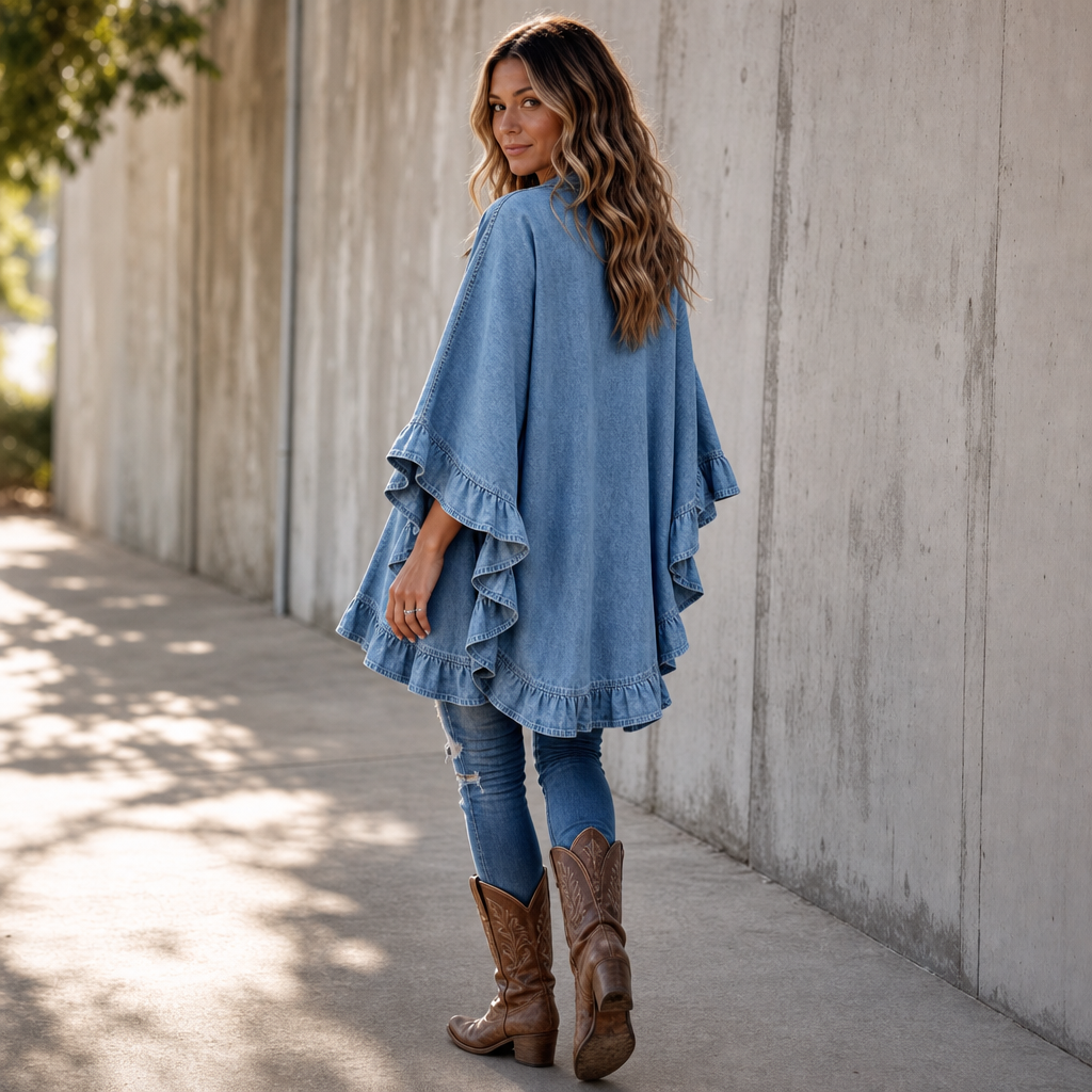 Women's blue open-front cardigan with flared sleeves and ruffle trims