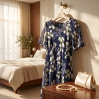 Women's navy floral A-line midi dress with round neckline and short sleeves
