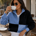 Women's blue and black colourblock half-zip sweatshirt with stand collar and long sleeves