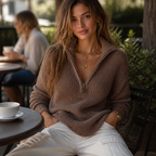 Women's textured knit half-zip sweater with raised collar