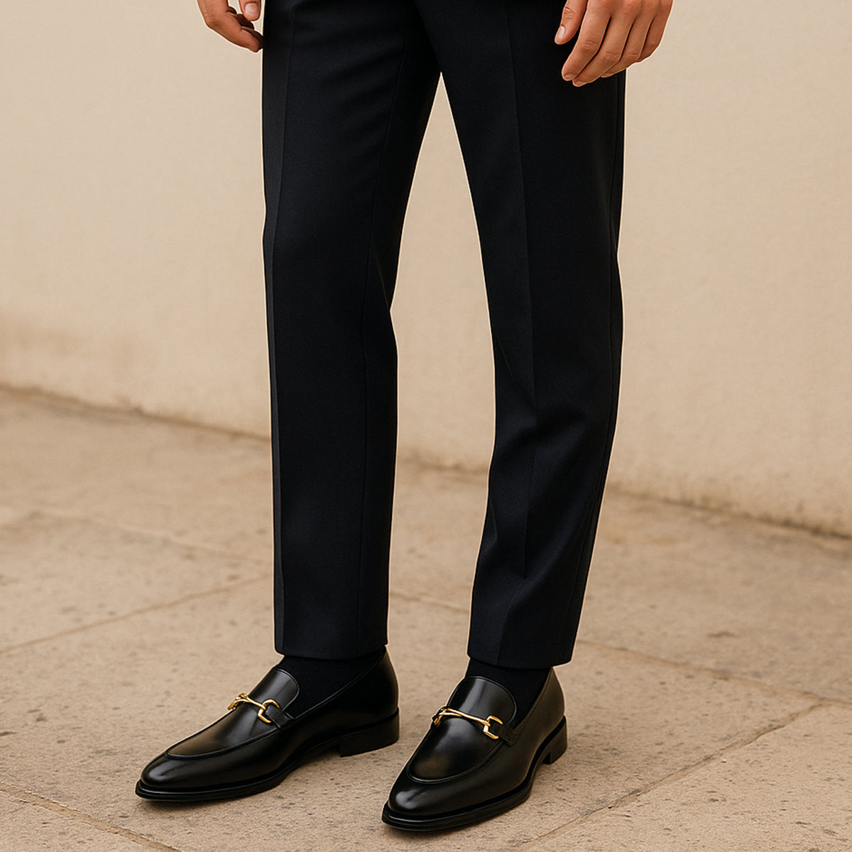 Men's black glossy horsebit loafers with round toe