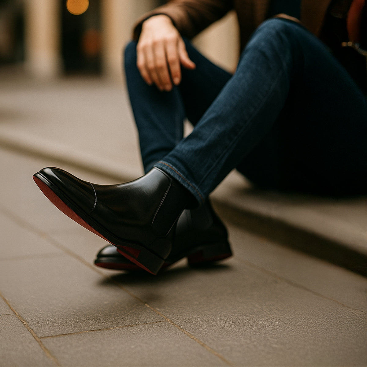 Men's pointed toe Chelsea boots with elastic side panels and low heel
