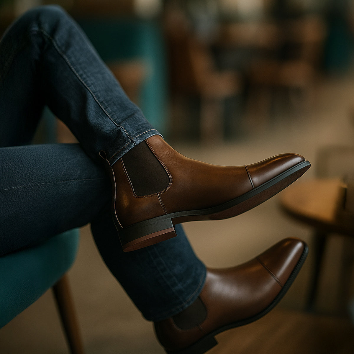 Men's pointed toe Chelsea boots with elastic side panels and low heel