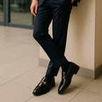 Men's black glossy horsebit loafers with round toe
