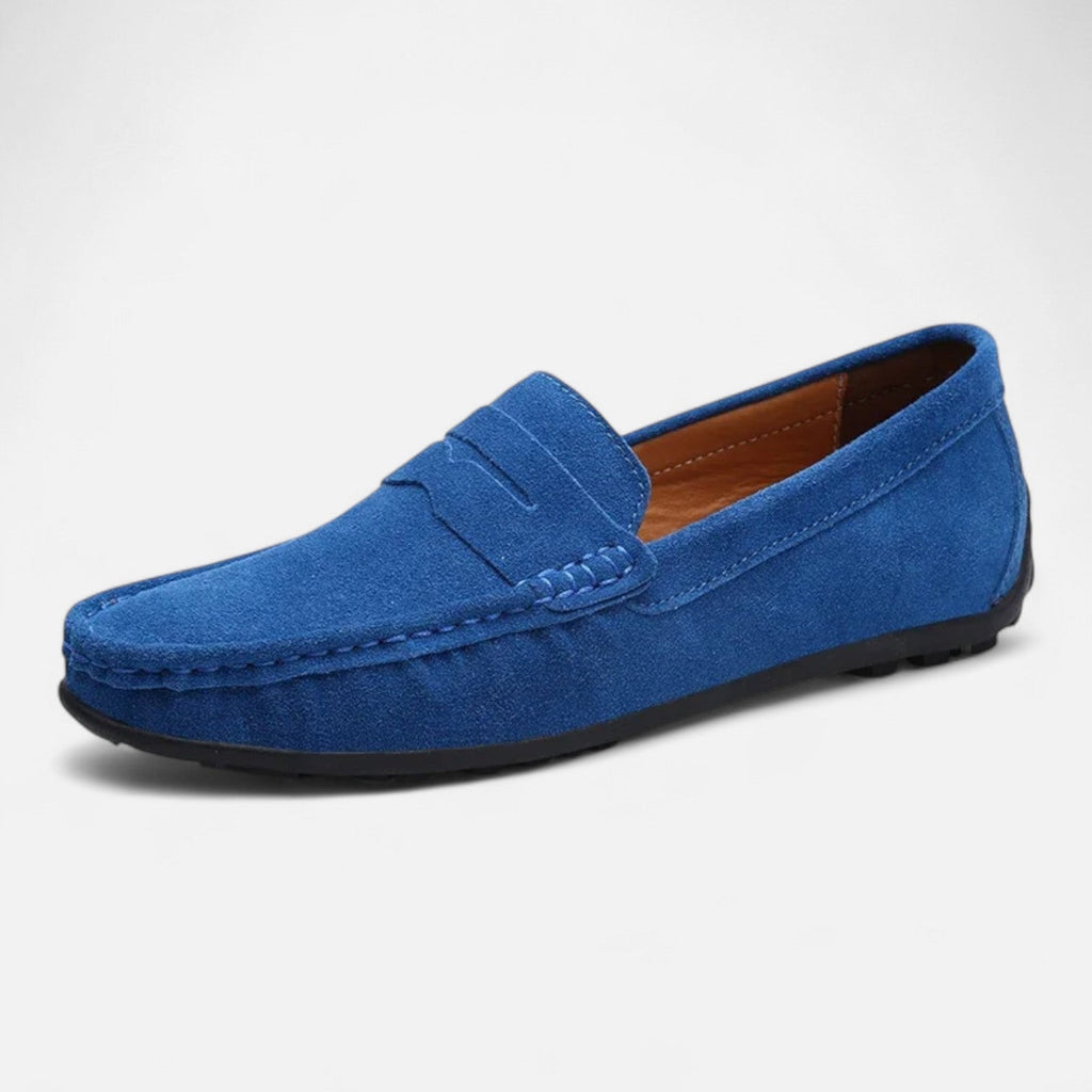 Men's slip-on suede loafers with moccasin stitching