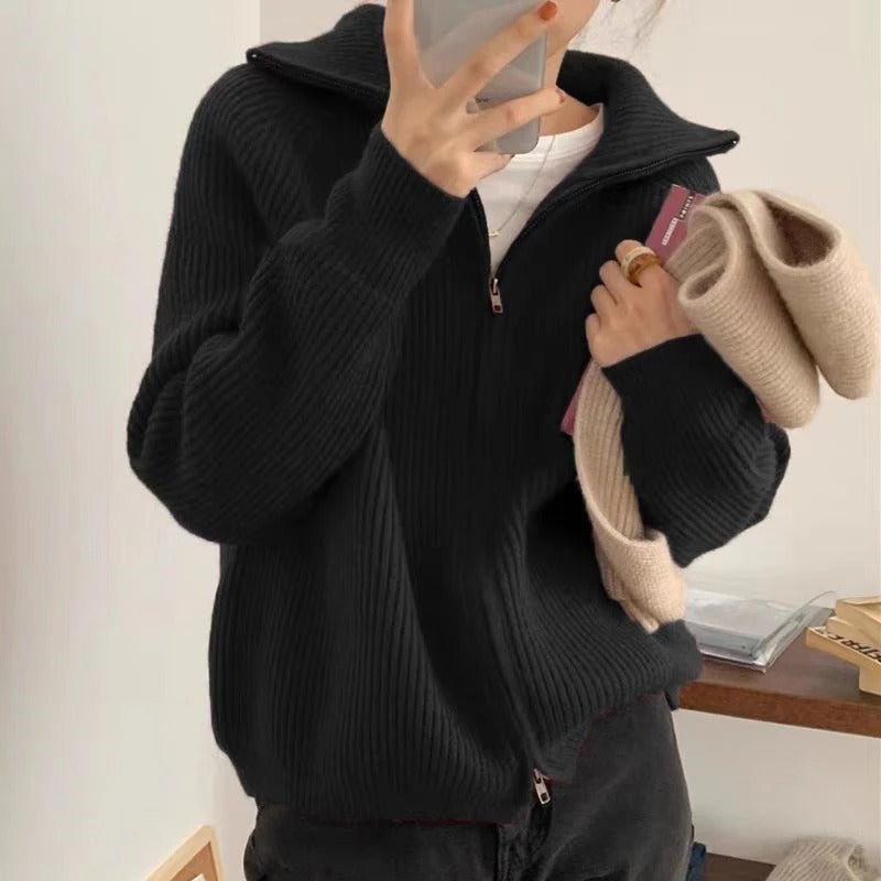 Women's ribbed hooded cardigan with front zip