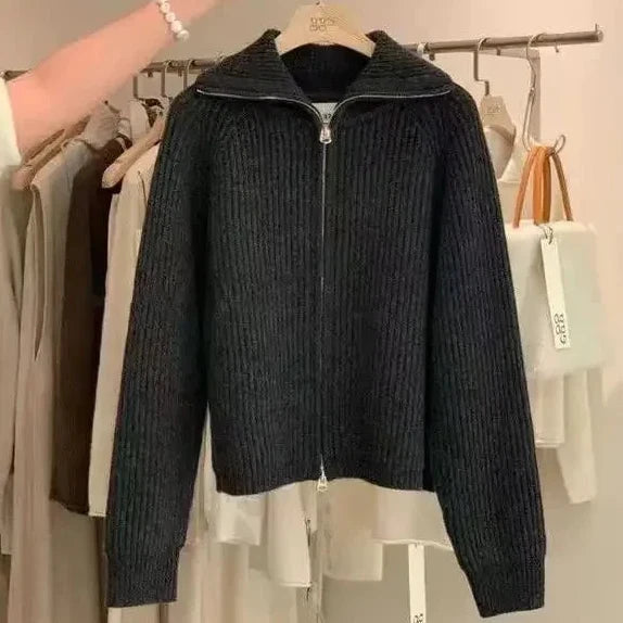 Women's ribbed hooded cardigan with front zip