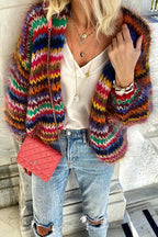 Women's multicoloured striped knitted cardigan with open front and long sleeves