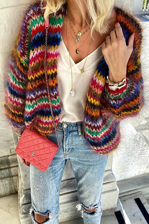Women's multicoloured striped knitted cardigan with open front and long sleeves