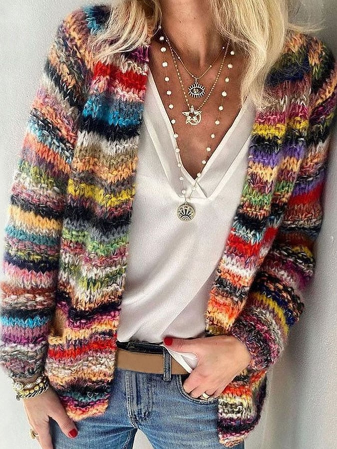 Women's multicoloured striped knitted cardigan with open front and long sleeves