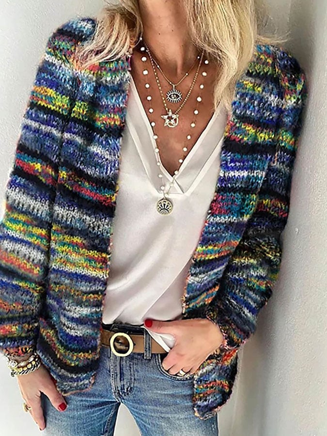 Women's multicoloured striped knitted cardigan with open front and long sleeves