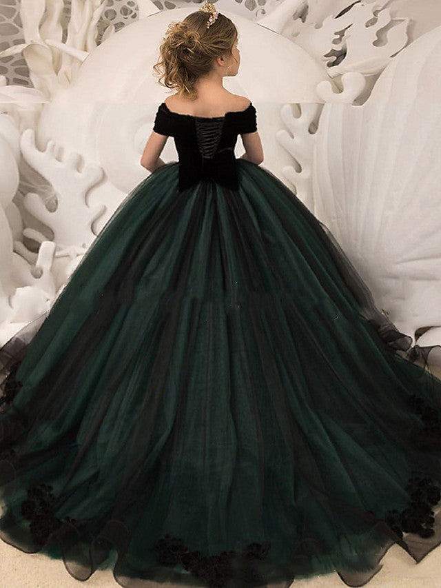 Girls' black and dark green off-shoulder ball gown dress with full skirt