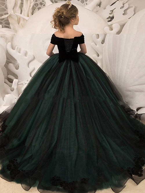 Girls' black and dark green off-shoulder ball gown dress with full skirt