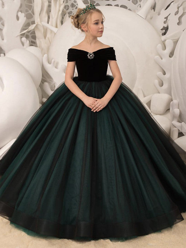 Girls' black and dark green off-shoulder ball gown dress with full skirt