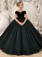 Girls' black and dark green off-shoulder ball gown dress with full skirt