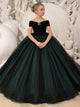 Girls' black and dark green off-shoulder ball gown dress with full skirt