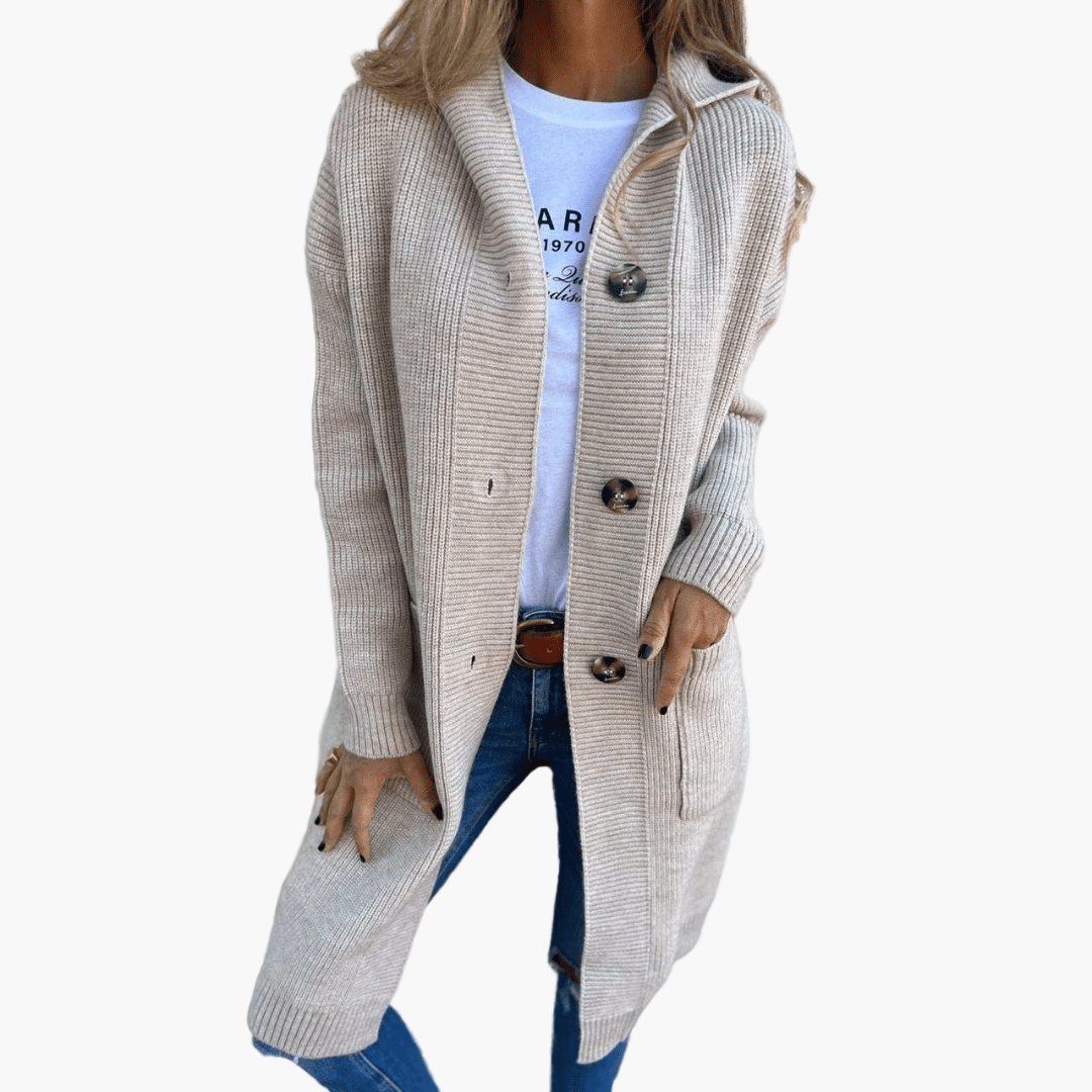 Women's longline hooded knit cardigan with button front