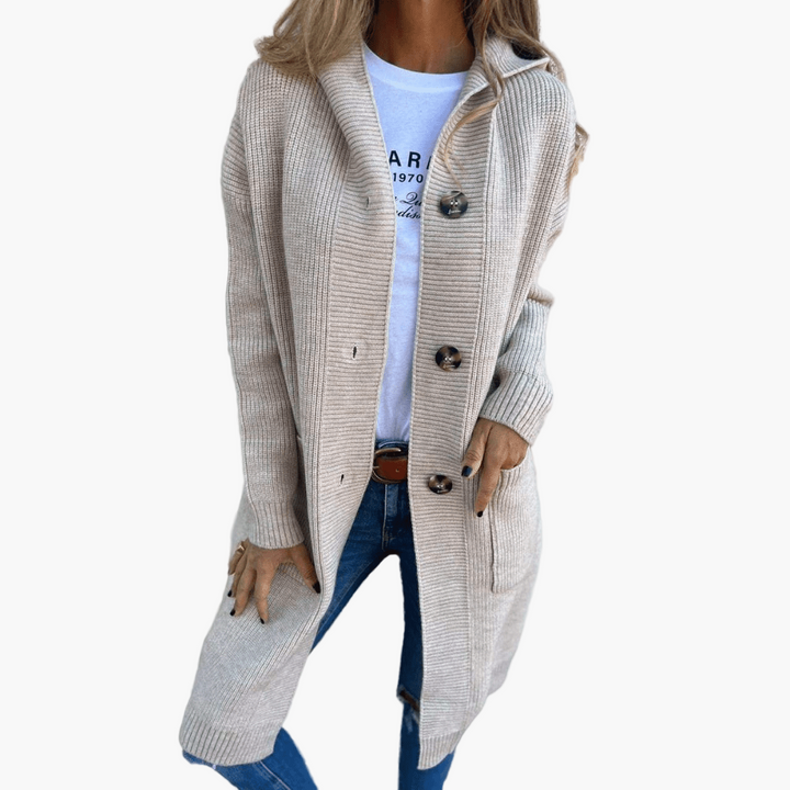 Women's longline hooded knit cardigan with button front