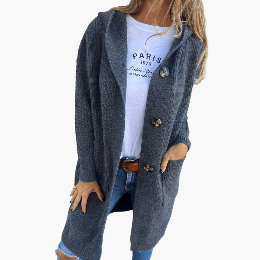 Women's longline hooded knit cardigan with button front