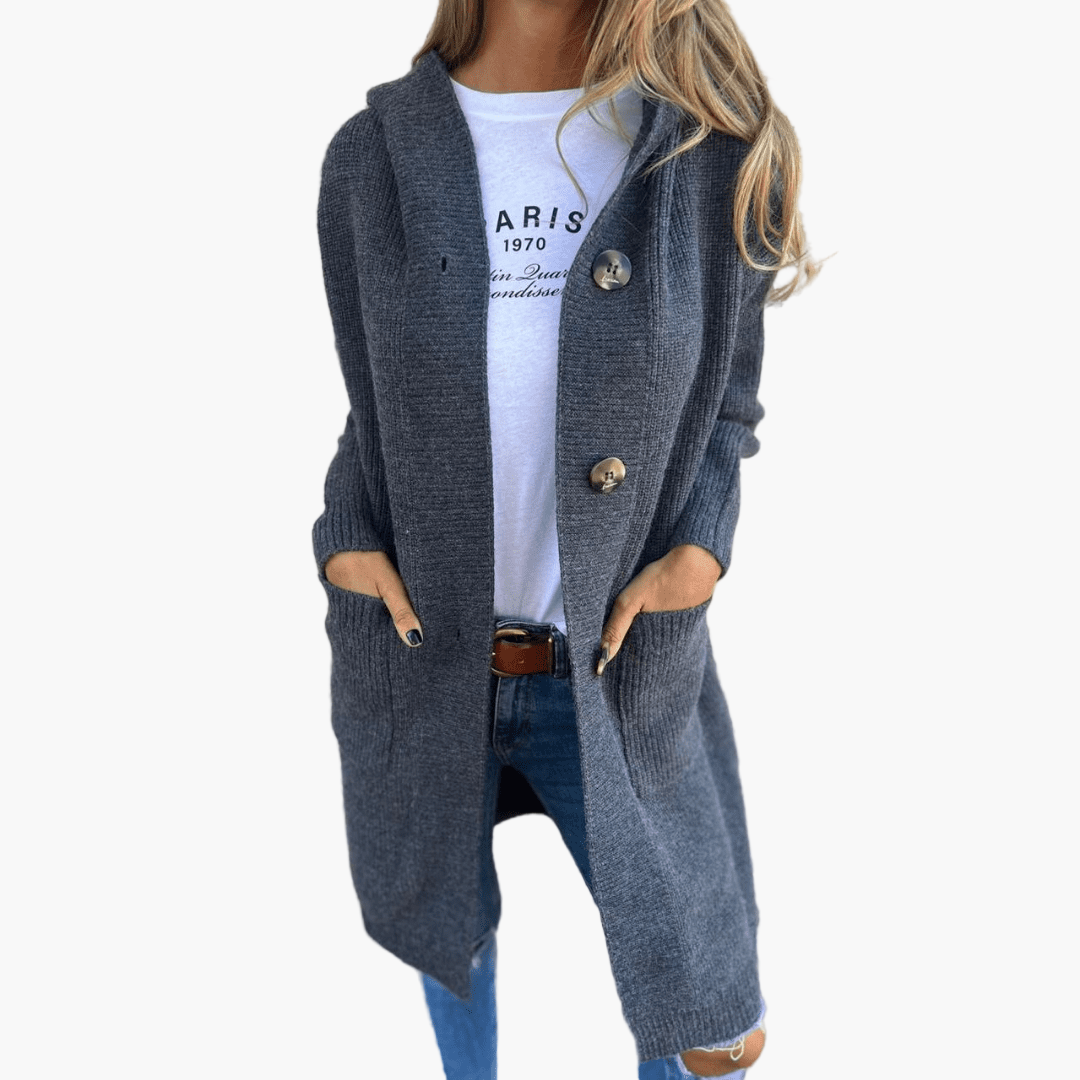 Women's longline hooded knit cardigan with button front
