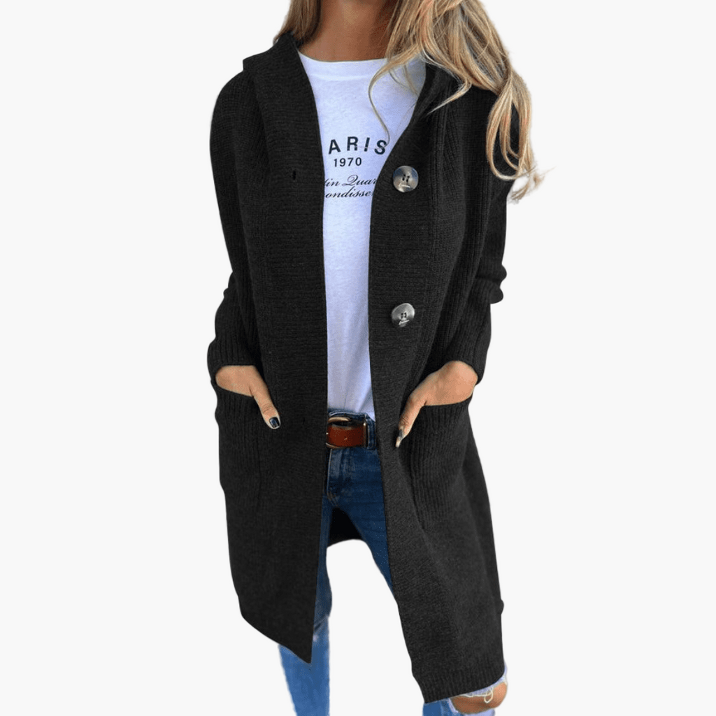 Women's longline hooded knit cardigan with button front