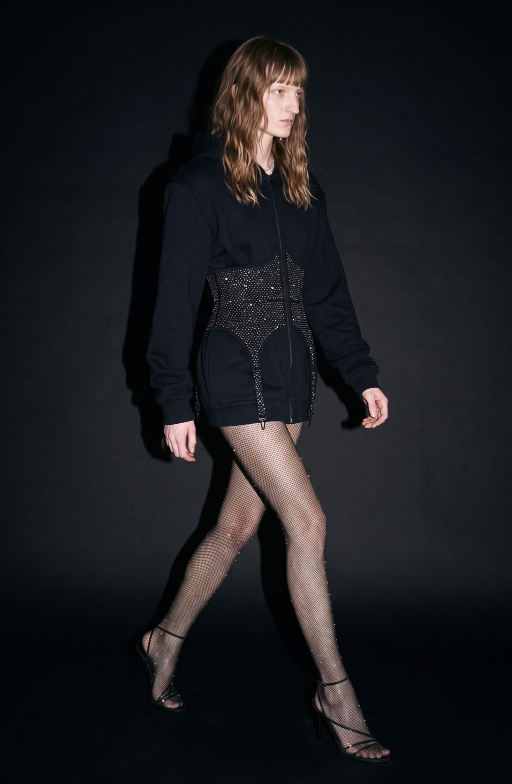 Black hooded zip hoodie with a crystal-studded corset panel
